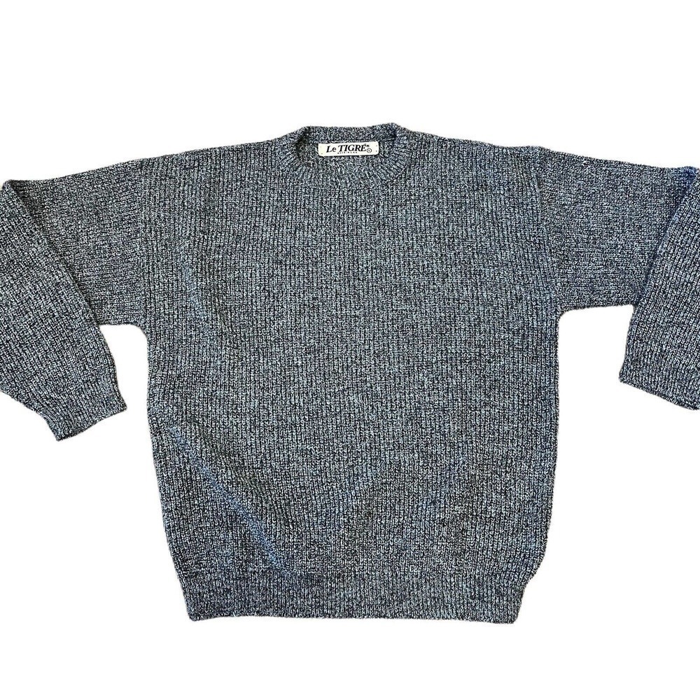 VINTAGE Le Tigre Acrylic Knit Sweater Large Blue Gray Made In USA